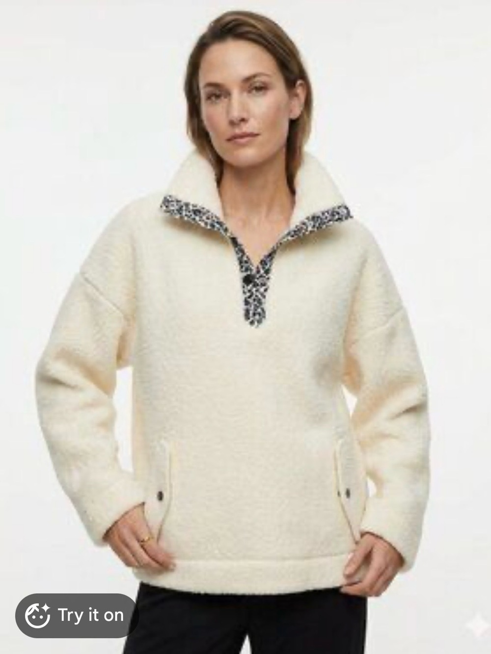 J.Crew Polartec® sherpa fleece pullover with Sutton leopard print on collar. M